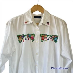 Karen Scott Vintage Christmas Ornament Embroidered and Jeweled Cotton Blouse